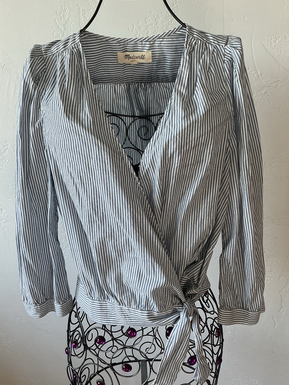 Madewell Navy and White Striped Wrap Blouse